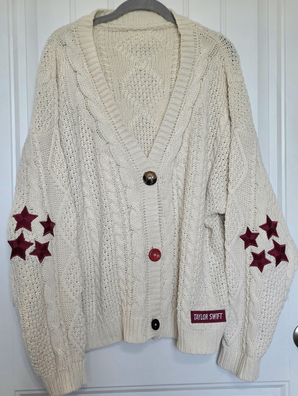 Taylor Swift Red Official Cardigan, Cream Color with Maroon Stars, Size M/L - Picture 3 of 13